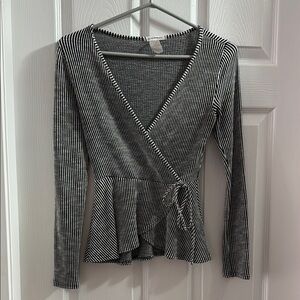 Striped Black and White Wrap Top